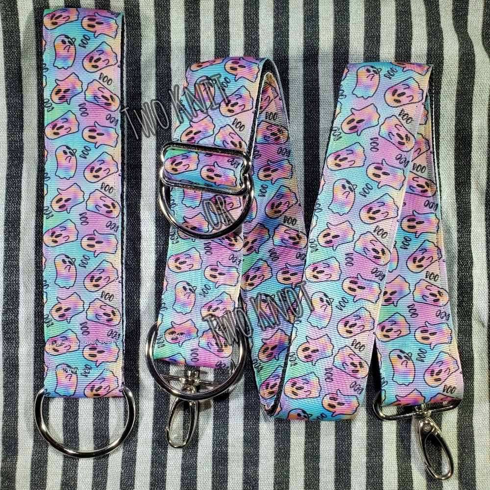 Hand Crafted Colorful Oil Pastel Ghost Crossbody Strap And Keychain Wristlet Fob